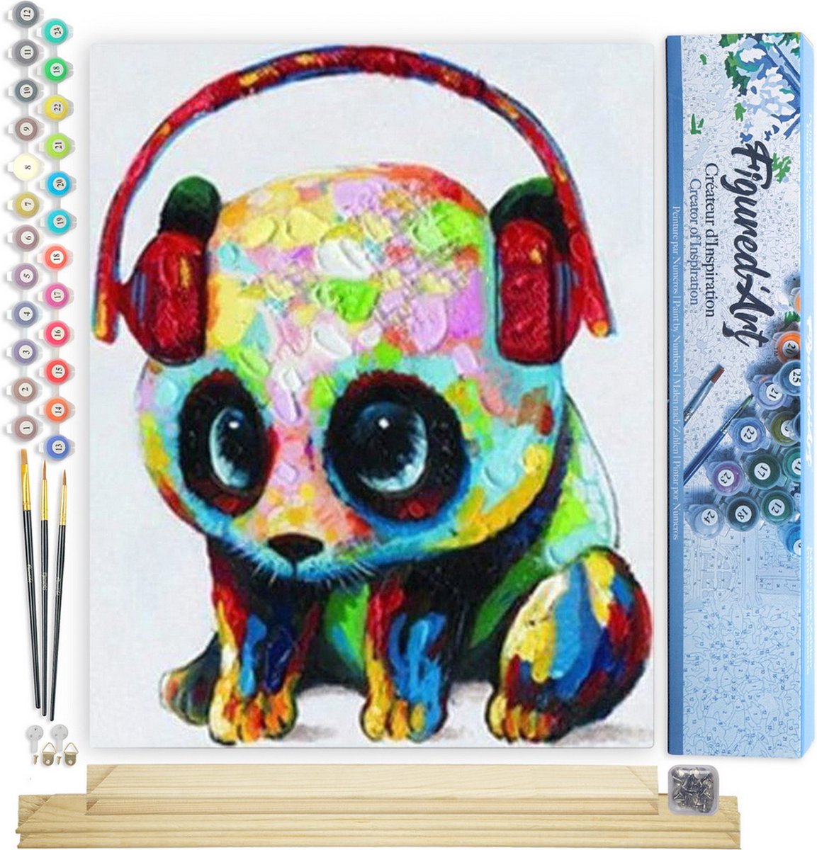 FiguredArt Schilderen op Nummer Volwassenen canvas Panda met koptelefoon - Handwerk acrylverf Kit DIY Compleet - 40x50cm met DIY houten lijst